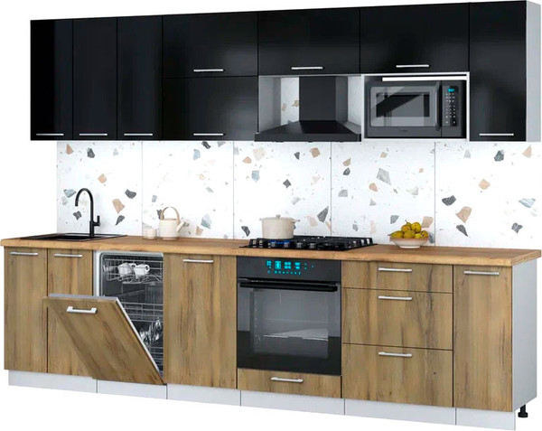 Изображение товара Кухонный гарнитур Интерлиния Мила Gloss 3.0-ПМ4 (дуб вотан/черный глянец/дуб бунратти)