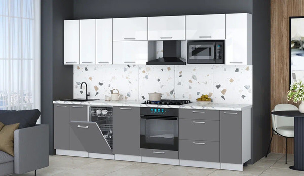 Изображение товара Кухонный гарнитур Интерлиния Мила Gloss 3.0-ПМ4 (серый/белый глянец/белый гранит)