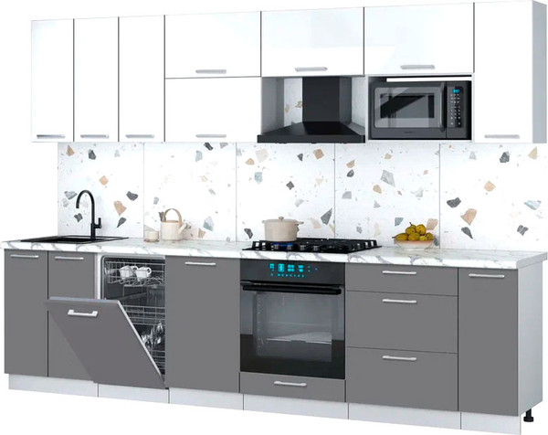 Изображение товара Кухонный гарнитур Интерлиния Мила Gloss 3.0-ПМ4 (серый/белый глянец/белый гранит)