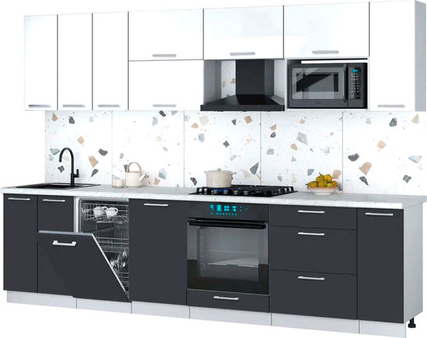 Изображение товара Кухонный гарнитур Интерлиния Мила Gloss 3.0-ПМ4 (пепел/белый глянец/серый каспий)