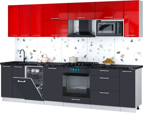 Изображение товара Кухонный гарнитур Интерлиния Мила Gloss 3.0-ПМ4 (пепел/красный глянец/кастилло темный)