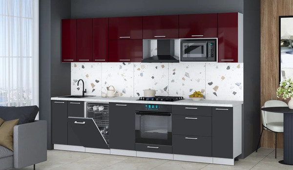 Изображение товара Кухонный гарнитур Интерлиния Мила Gloss 3.0-ПМ4 (пепел/бордовый глянец/серый каспий)
