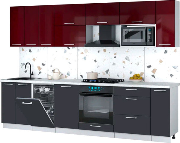 Изображение товара Кухонный гарнитур Интерлиния Мила Gloss 3.0-ПМ4 (пепел/бордовый глянец/серый каспий)