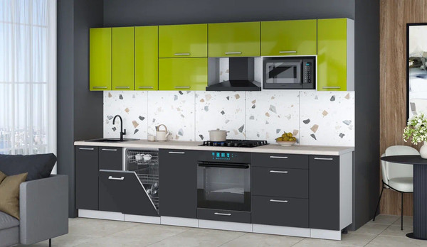 Изображение товара Кухонный гарнитур Интерлиния Мила Gloss 3.0-ПМ4 (пепел/яблоко глянец/травертин серый)