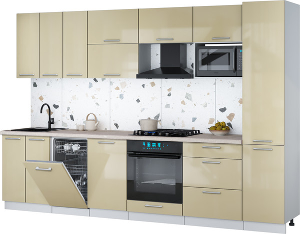 Изображение товара Кухонный гарнитур Интерлиния Мила Gloss 3.1-ПМ4 (ваниль глянец/ваниль глянец/травертин серый)