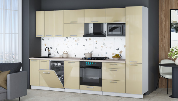 Изображение товара Кухонный гарнитур Интерлиния Мила Gloss 3.1-ПМ4 (ваниль глянец/ваниль глянец/травертин серый)