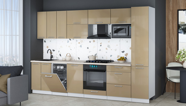 Изображение товара Кухонный гарнитур Интерлиния Мила Gloss 3.1-ПМ4 (капучино глянец/капучино глянец/бискайская сосна)