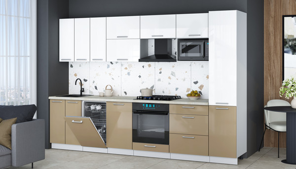 Изображение товара Кухонный гарнитур Интерлиния Мила Gloss 3.1-ПМ4 (капучино глянец/белый глянец/опал светлый)