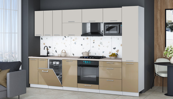 Изображение товара Кухонный гарнитур Интерлиния Мила Gloss 3.1-ПМ4 (капучино глянец/кашемир/травертин серый)