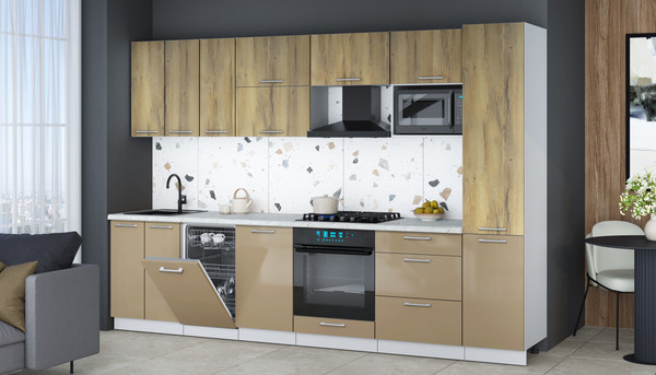 Изображение товара Кухонный гарнитур Интерлиния Мила Gloss 3.1-ПМ4 (капучино глянец/дуб вотан/серый каспий)