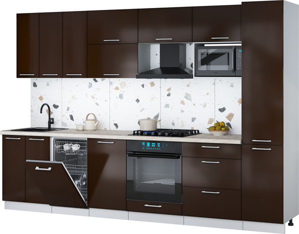 Изображение товара Кухонный гарнитур Интерлиния Мила Gloss 3.1-ПМ4 (шоколад глянец/шоколад глянец/бискайская сосна)