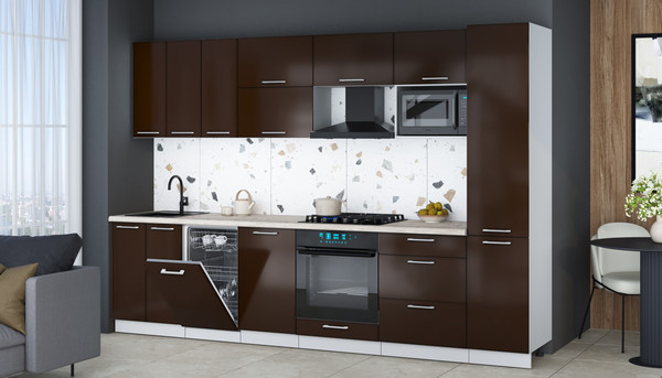 Изображение товара Кухонный гарнитур Интерлиния Мила Gloss 3.1-ПМ4 (шоколад глянец/шоколад глянец/бискайская сосна)