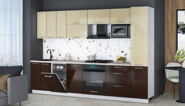 Изображение товара Кухонный гарнитур Интерлиния Мила Gloss 3.1-ПМ4 (шоколад глянец/ваниль глянец/травертин серый)