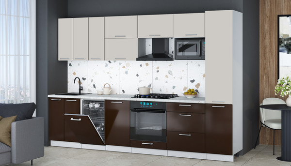 Изображение товара Кухонный гарнитур Интерлиния Мила Gloss 3.1-ПМ4 (шоколад глянец/кашемир/серый каспий)