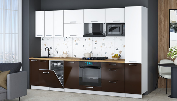 Изображение товара Кухонный гарнитур Интерлиния Мила Gloss 3.1-ПМ4 (шоколад глянец/белый/дуб бунратти)