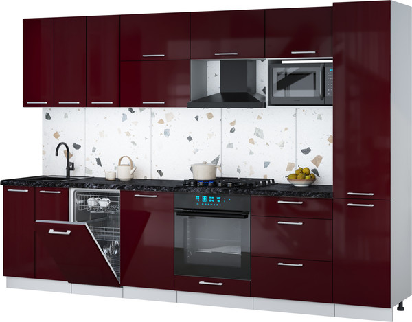 Изображение товара Кухонный гарнитур Интерлиния Мила Gloss 3.1-ПМ4 (бордовый глянец/бордовый глянец/кастилло темный)