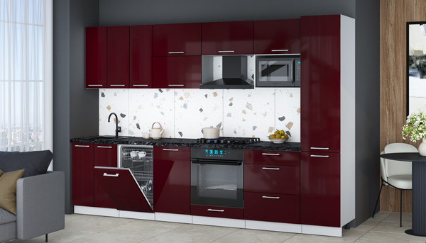Изображение товара Кухонный гарнитур Интерлиния Мила Gloss 3.1-ПМ4 (бордовый глянец/бордовый глянец/кастилло темный)