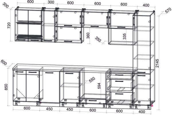 Изображение товара Кухонный гарнитур Интерлиния Мила Gloss 3.1-ПМ4 (черный глянец/белый/белый гранит)