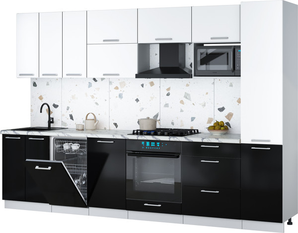 Изображение товара Кухонный гарнитур Интерлиния Мила Gloss 3.1-ПМ4 (черный глянец/белый/белый гранит)
