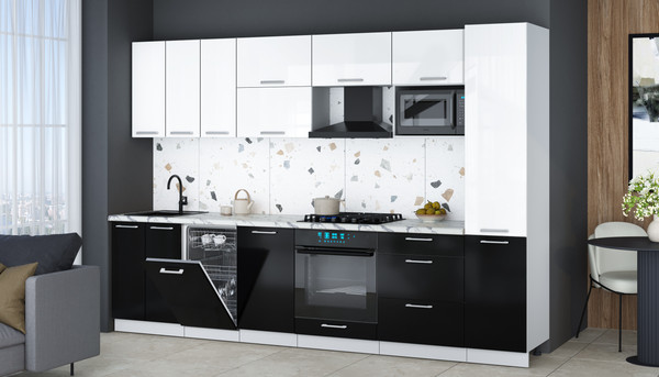 Изображение товара Кухонный гарнитур Интерлиния Мила Gloss 3.1-ПМ4 (черный глянец/белый глянец/белый гранит)