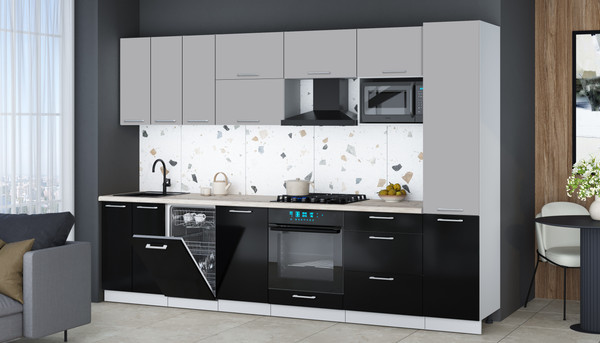 Изображение товара Кухонный гарнитур Интерлиния Мила Gloss 3.1-ПМ4 (черный глянец/грей/бискайская сосна)