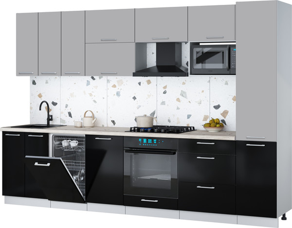 Изображение товара Кухонный гарнитур Интерлиния Мила Gloss 3.1-ПМ4 (черный глянец/грей/бискайская сосна)