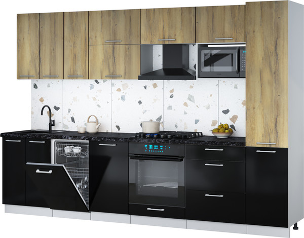 Изображение товара Кухонный гарнитур Интерлиния Мила Gloss 3.1-ПМ4 (черный глянец/дуб вотан/кастилло темный)