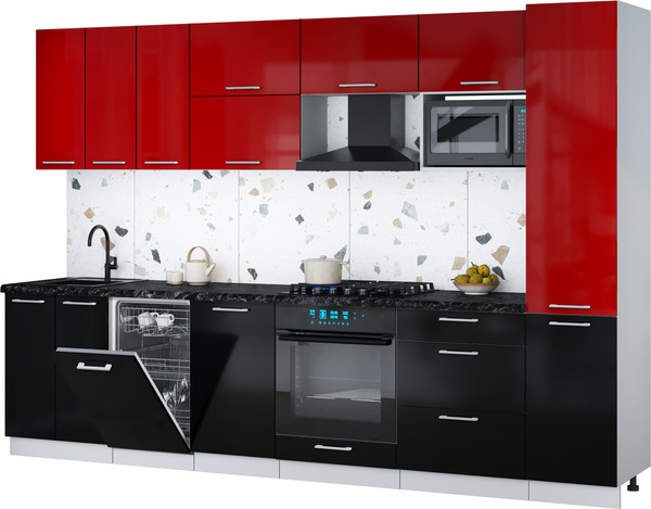 Изображение товара Кухонный гарнитур Интерлиния Мила Gloss 3.1-ПМ4 (черный глянец/красный глянец/кастилло темный)