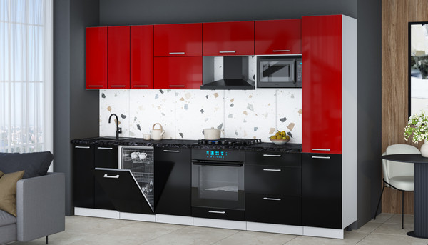Изображение товара Кухонный гарнитур Интерлиния Мила Gloss 3.1-ПМ4 (черный глянец/красный глянец/кастилло темный)