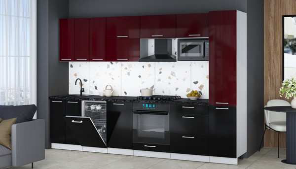 Изображение товара Кухонный гарнитур Интерлиния Мила Gloss 3.1-ПМ4 (черный глянец/бордовый глянец/кастилло темный)