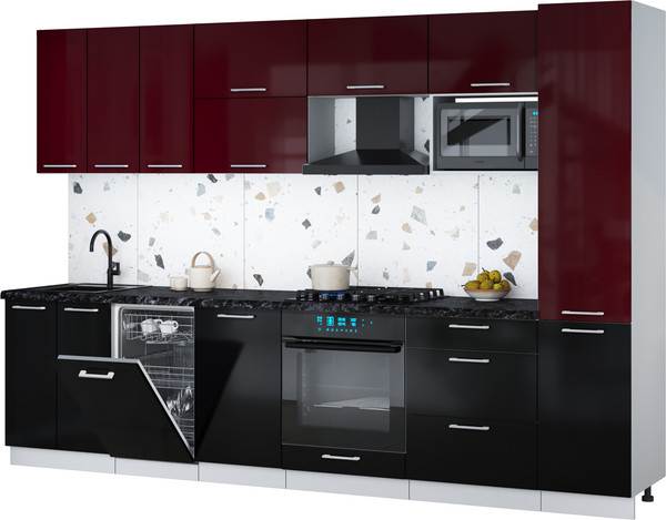 Изображение товара Кухонный гарнитур Интерлиния Мила Gloss 3.1-ПМ4 (черный глянец/бордовый глянец/кастилло темный)