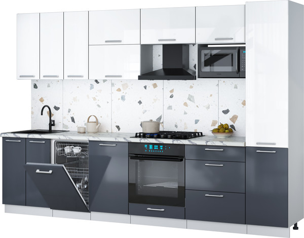 Изображение товара Кухонный гарнитур Интерлиния Мила Gloss 3.1-ПМ4 (асфальт глянец/белый глянец/белый гранит)