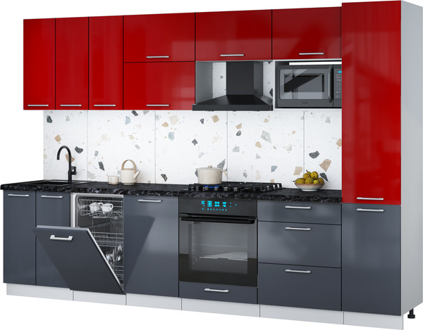 Изображение товара Кухонный гарнитур Интерлиния Мила Gloss 3.1-ПМ4 (асфальт глянец/красный глянец/кастилло темный)