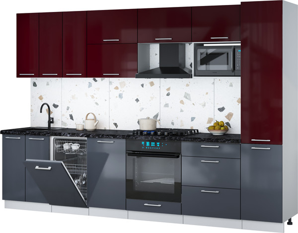 Изображение товара Кухонный гарнитур Интерлиния Мила Gloss 3.1-ПМ4 (асфальт глянец/бордовый глянец/кастилло темный)