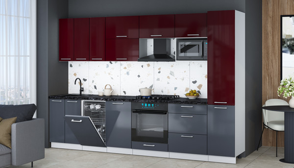 Изображение товара Кухонный гарнитур Интерлиния Мила Gloss 3.1-ПМ4 (асфальт глянец/бордовый глянец/кастилло темный)