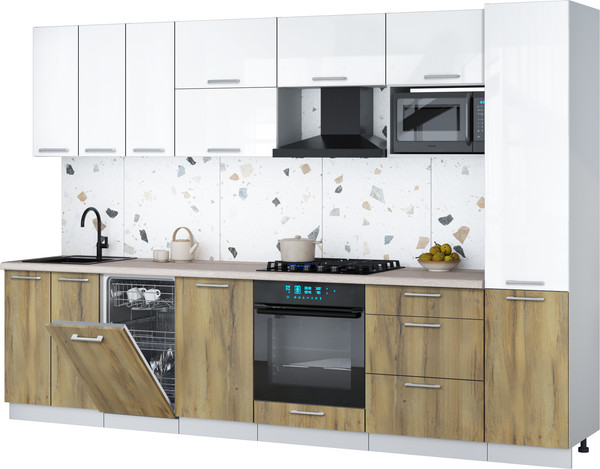 Изображение товара Кухонный гарнитур Интерлиния Мила Gloss 3.1-ПМ4 (дуб вотан/белый глянец/травертин серый)
