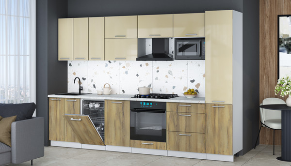 Изображение товара Кухонный гарнитур Интерлиния Мила Gloss 3.1-ПМ4 (дуб вотан/ваниль глянец/серый каспий)