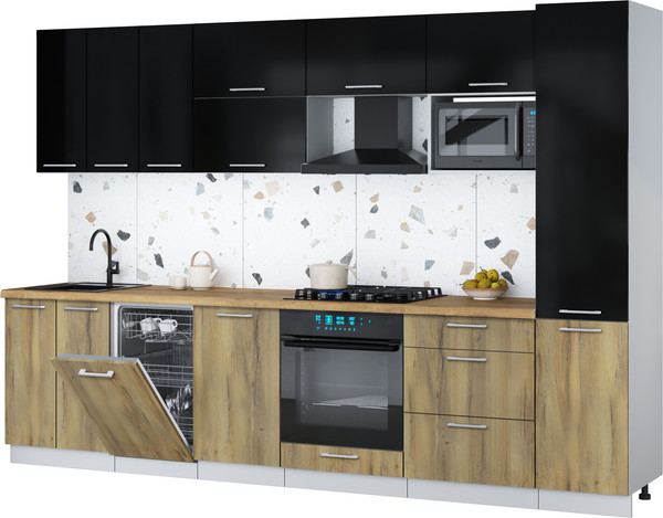 Изображение товара Кухонный гарнитур Интерлиния Мила Gloss 3.1-ПМ4 (дуб вотан/черный глянец/дуб бунратти)