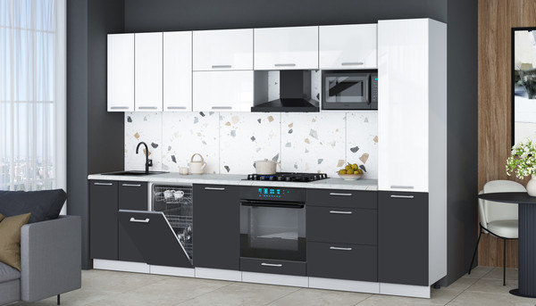 Изображение товара Кухонный гарнитур Интерлиния Мила Gloss 3.1-ПМ4 (пепел/белый глянец/серый каспий)