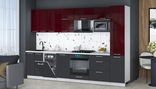 Изображение товара Кухонный гарнитур Интерлиния Мила Gloss 3.1-ПМ4 (пепел/бордовый глянец/серый каспий)
