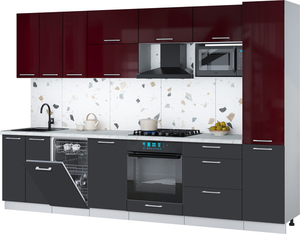 Изображение товара Кухонный гарнитур Интерлиния Мила Gloss 3.1-ПМ4 (пепел/бордовый глянец/серый каспий)