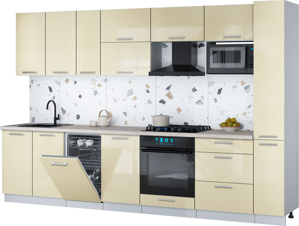 Изображение товара Кухонный гарнитур Интерлиния Мила Gloss 3.2-ПМ4 (ваниль глянец/ваниль глянец/травертин серый)