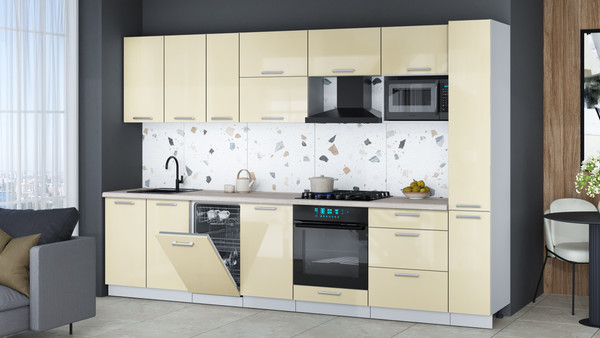 Изображение товара Кухонный гарнитур Интерлиния Мила Gloss 3.2-ПМ4 (ваниль глянец/ваниль глянец/травертин серый)