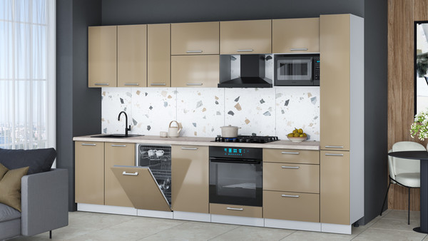 Изображение товара Кухонный гарнитур Интерлиния Мила Gloss 3.2-ПМ4 (капучино глянец/капучино глянец/бискайская сосна)