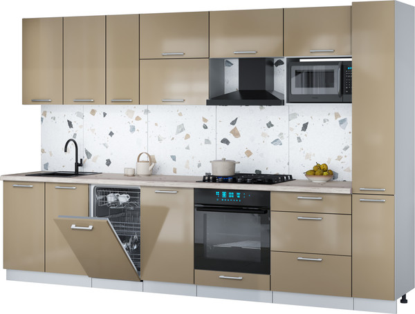 Изображение товара Кухонный гарнитур Интерлиния Мила Gloss 3.2-ПМ4 (капучино глянец/капучино глянец/бискайская сосна)