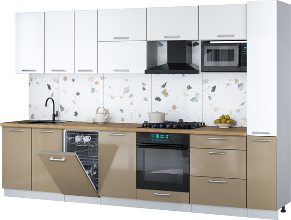 Изображение товара Кухонный гарнитур Интерлиния Мила Gloss 3.2-ПМ4 (капучино глянец/белый/дуб бунратти)