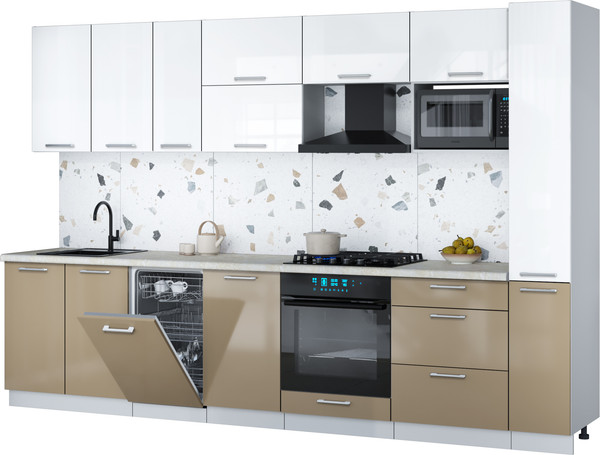 Изображение товара Кухонный гарнитур Интерлиния Мила Gloss 3.2-ПМ4 (капучино глянец/белый глянец/опал светлый)