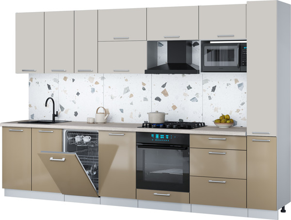 Изображение товара Кухонный гарнитур Интерлиния Мила Gloss 3.2-ПМ4 (капучино глянец/кашемир/травертин серый)