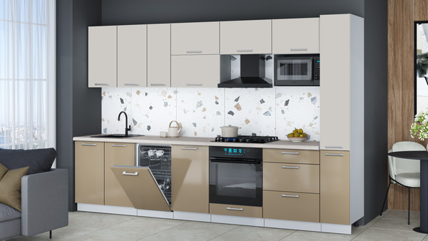 Изображение товара Кухонный гарнитур Интерлиния Мила Gloss 3.2-ПМ4 (капучино глянец/кашемир/травертин серый)