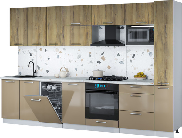 Изображение товара Кухонный гарнитур Интерлиния Мила Gloss 3.2-ПМ4 (капучино глянец/дуб вотан/серый каспий)